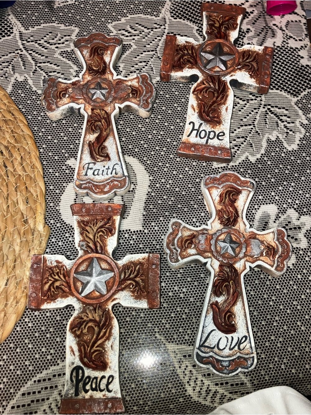 Faith Hope Love Peace Rustic Brown & White Decorative Wall Cross 4 piece set